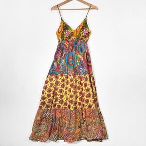 Rockin Bohemian Patchwork Tiered Maxi Sun Dress Womens S Y2K Colorful Boho